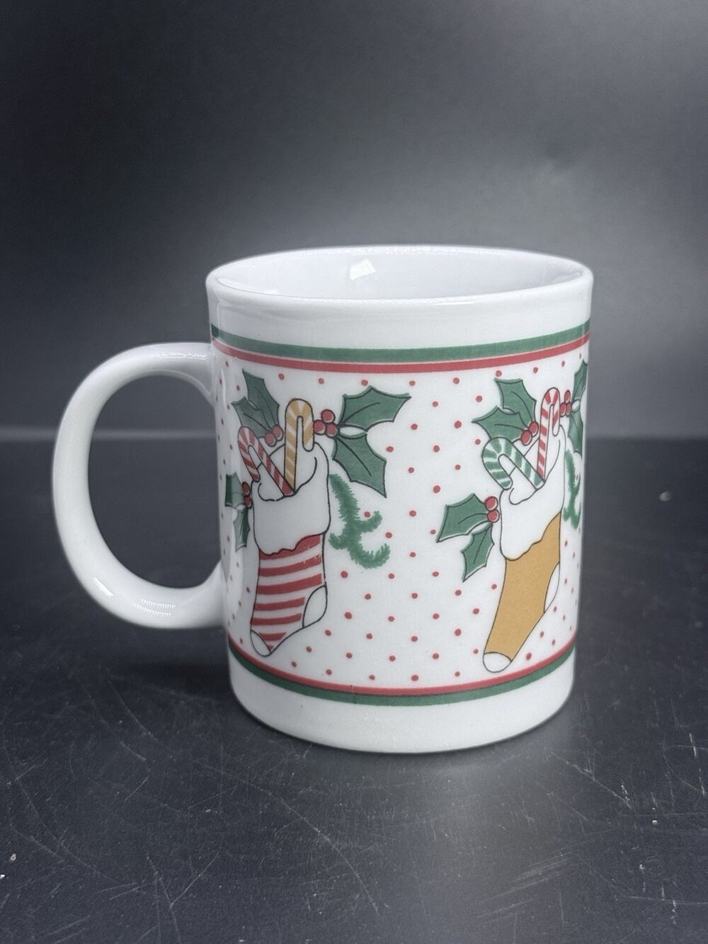 Vintage Christmas Coffee Mug Stockings Candy Canes Holly Red Green Holiday Cup